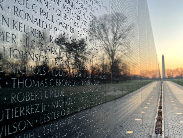 The Vietnam Veterans Memorial reflection in low light, taken by the National Park Service on March 30, 2022. Licensed under the Creative Commons Attribution 2.0 Generic license.