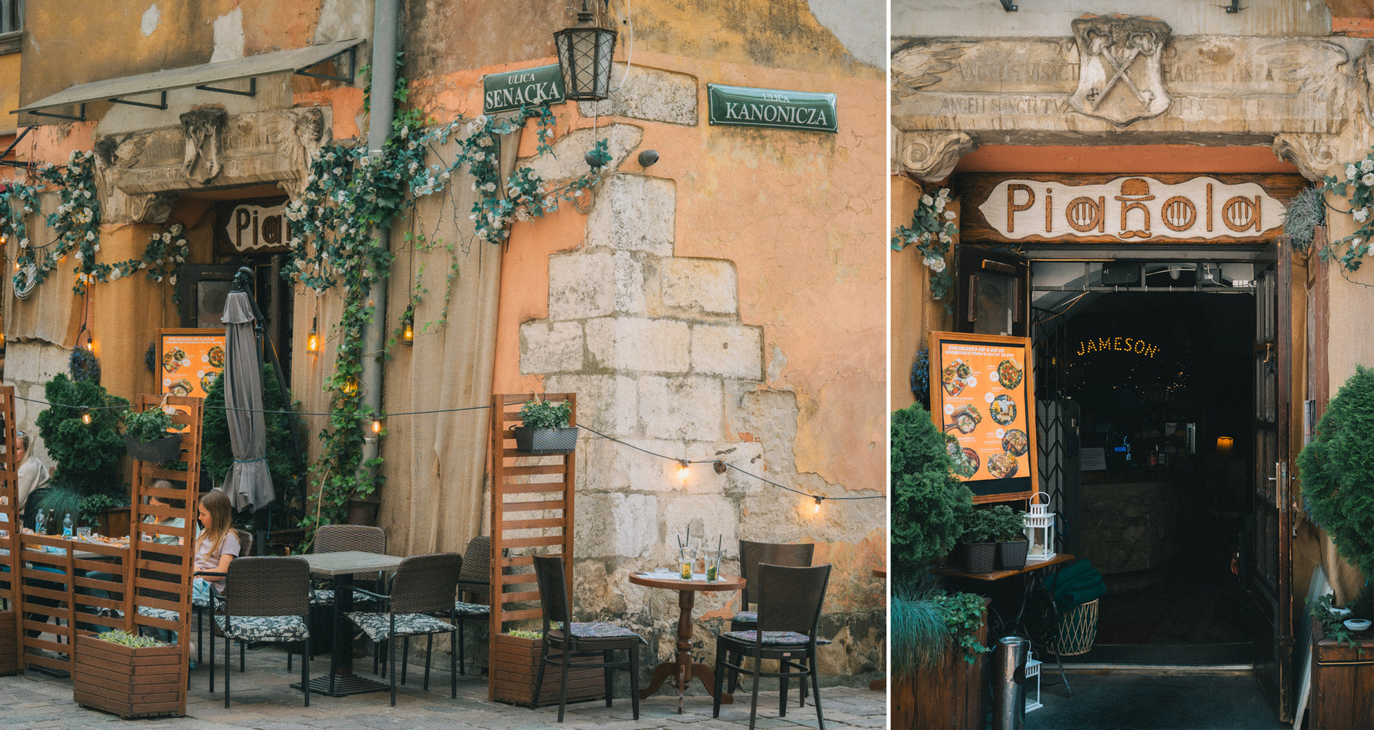  Café with inventive lettering in Kraków's city center. Historic building with exposed white blocks and light yellow paint. Cozy outdoor seating and plants line the exterior walls. The entrance has a cafe sign above with "Pianola" with the o and a's with vertical lines running through.