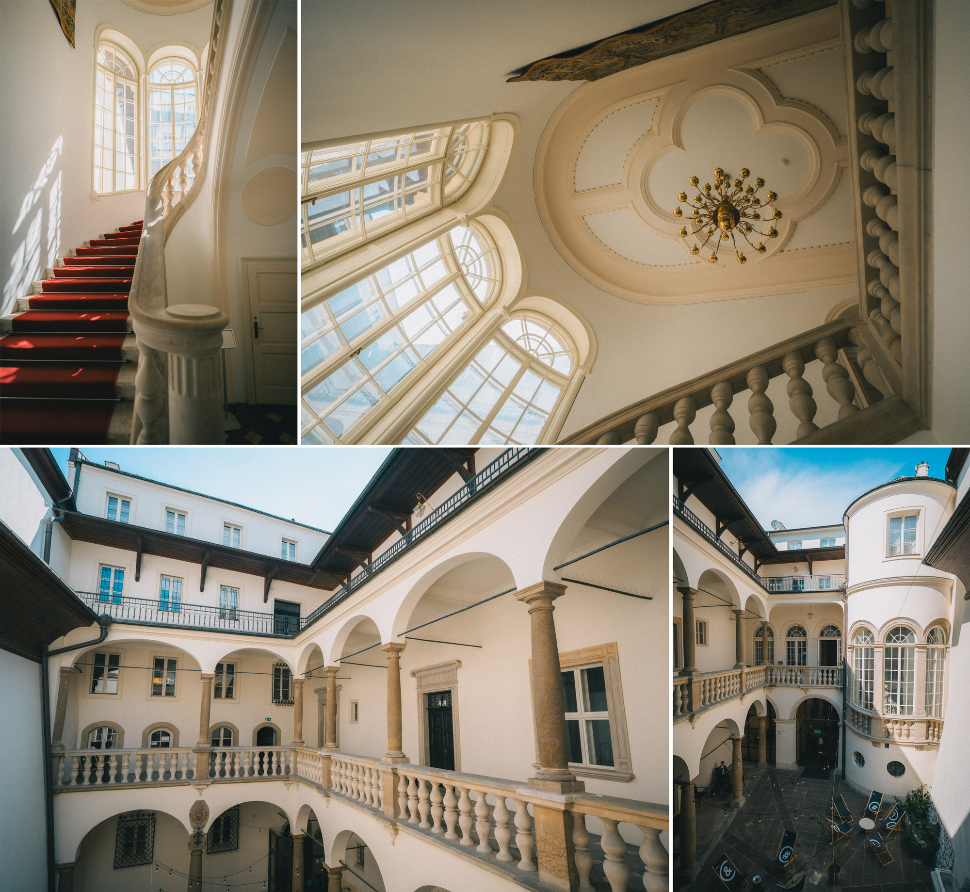 Four photos highlighting a hidden Tenement Courtyard in Kraków. Multiple stories with balconies running along the irregularly-shaped rectangular courtyard with a rounded tower of similar height in one corner.