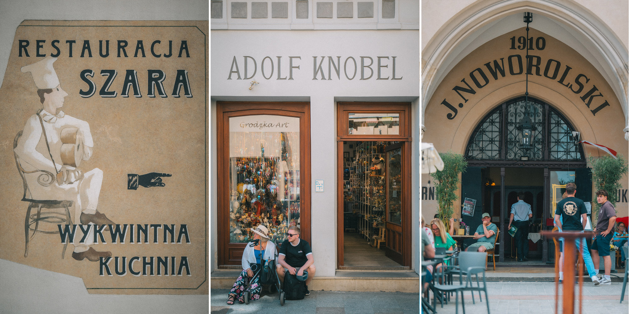 Three images of shops in the Main Square in Kraków. Left: a mural for a restaurant with black lettering and a person in a chef hat sitting in a chair. Center: two people sit on the curb outside a brightly lit shop with wood trim. Right: outside another shop, people sit in chairs by many small cafe-sized tables.