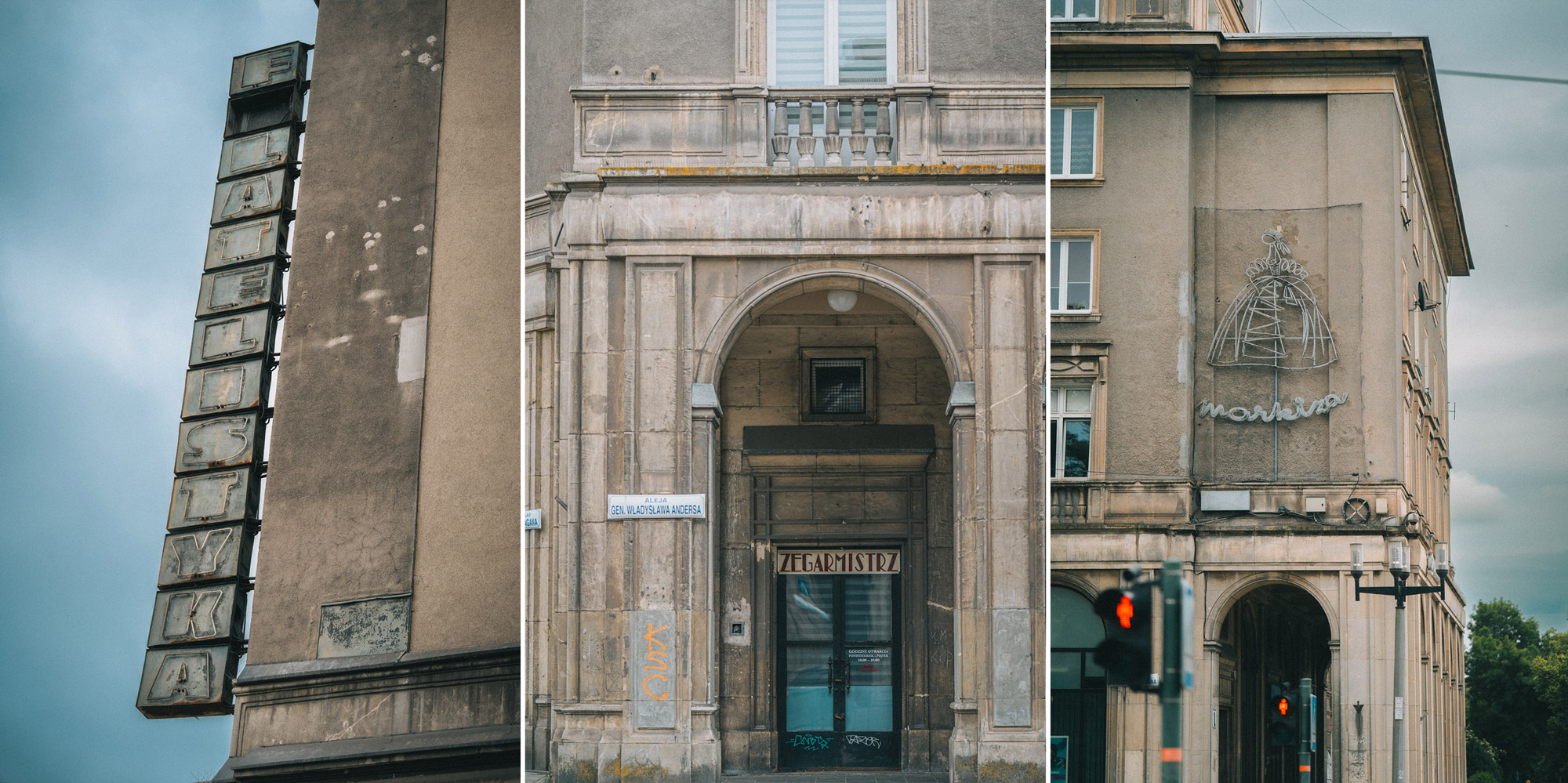 Three buildings juxtaposed in Nowa Huta in Kraków, showcasing the area's imposing architecture.