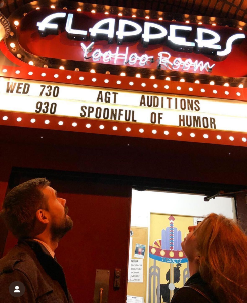 America's Got Talent auditions, photo taken outside the red and white marquee at Flappers Comedy Club.