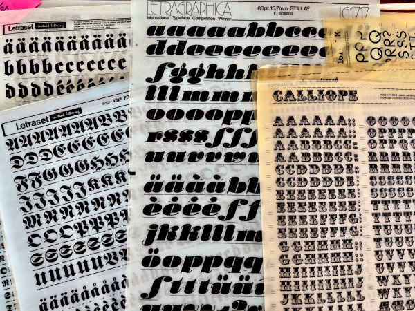 Examples of dry transfer type from Letraset and other brands.