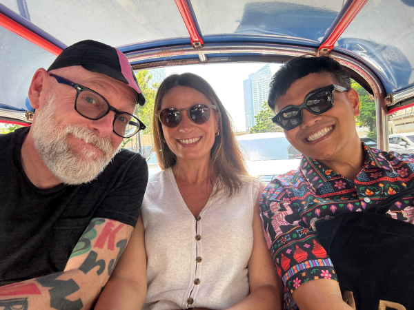 Dan, Candice Smith, and Romeo Ruz in Bangkok, Thailand for the Brand Identity and Typography Symposium (BITS) in February 2025.