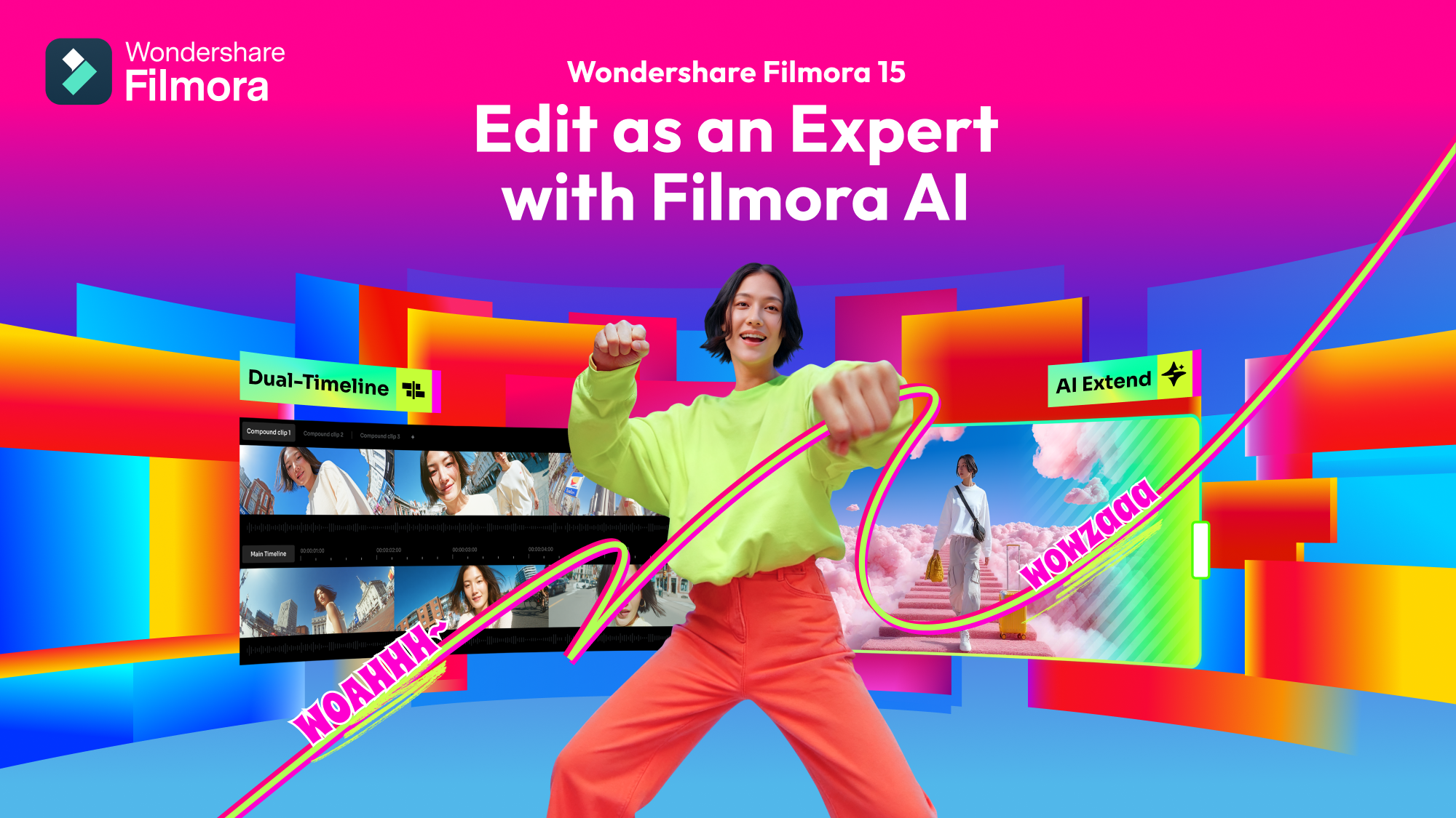 Background: fade pink to purple to blue. Colorful boxes overlap in middleground, with "Dual-Timeline" above a box with video clips and "AI Extend" above an image of a person on steps in cherry blossoms. In foreground, a person in neon yellow long sleeve shirt and orange pants looking excited, holding a cartoon wavy line. Wavy line includes text: "WOAHHH" and "WOWZAA"