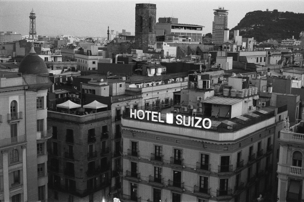 Black and white photo of Hotel Suizo. Photo by Jake Murtaugh.