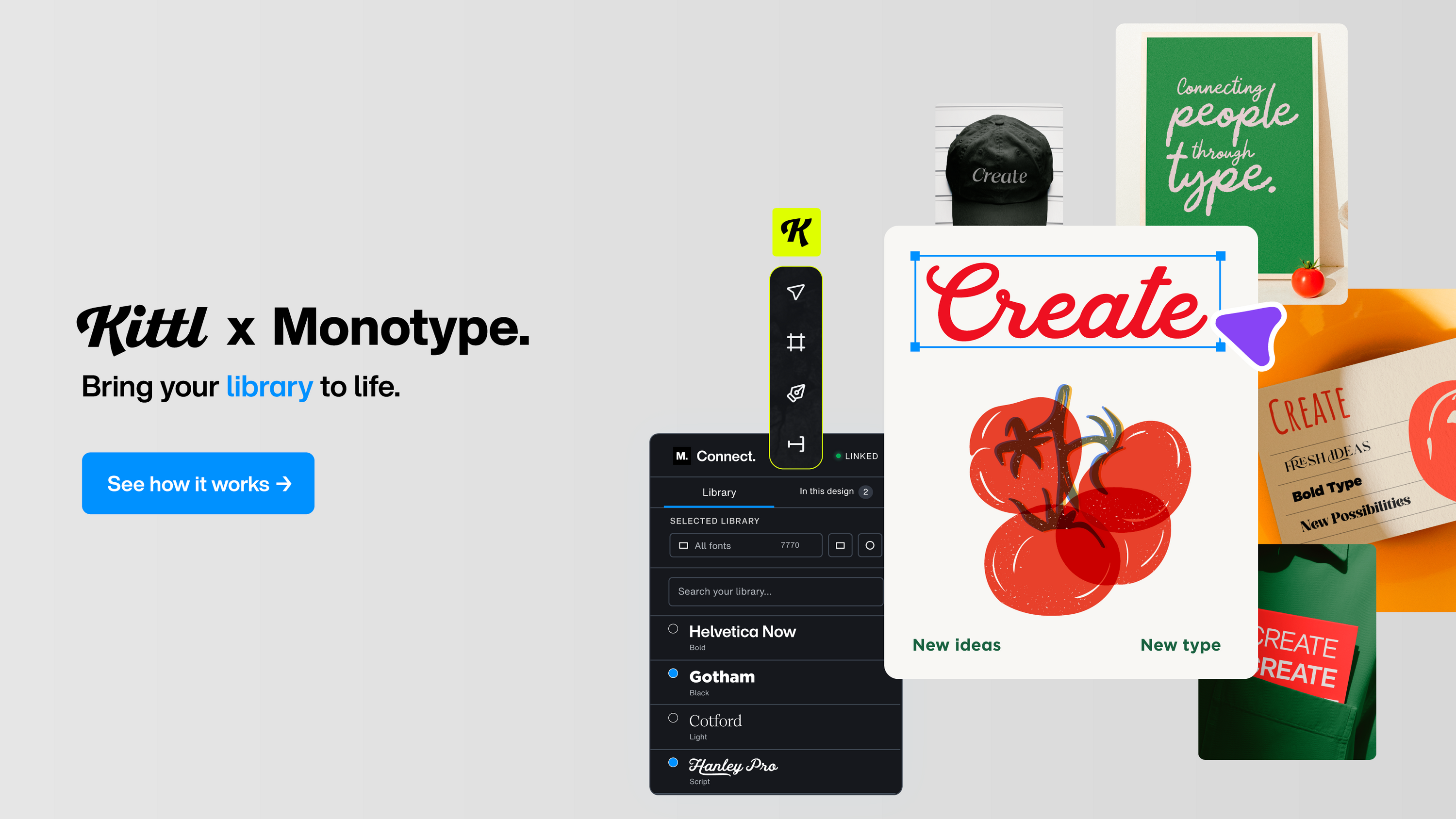 Kittl workspace showing approved Monotype fonts available in the creative canvas