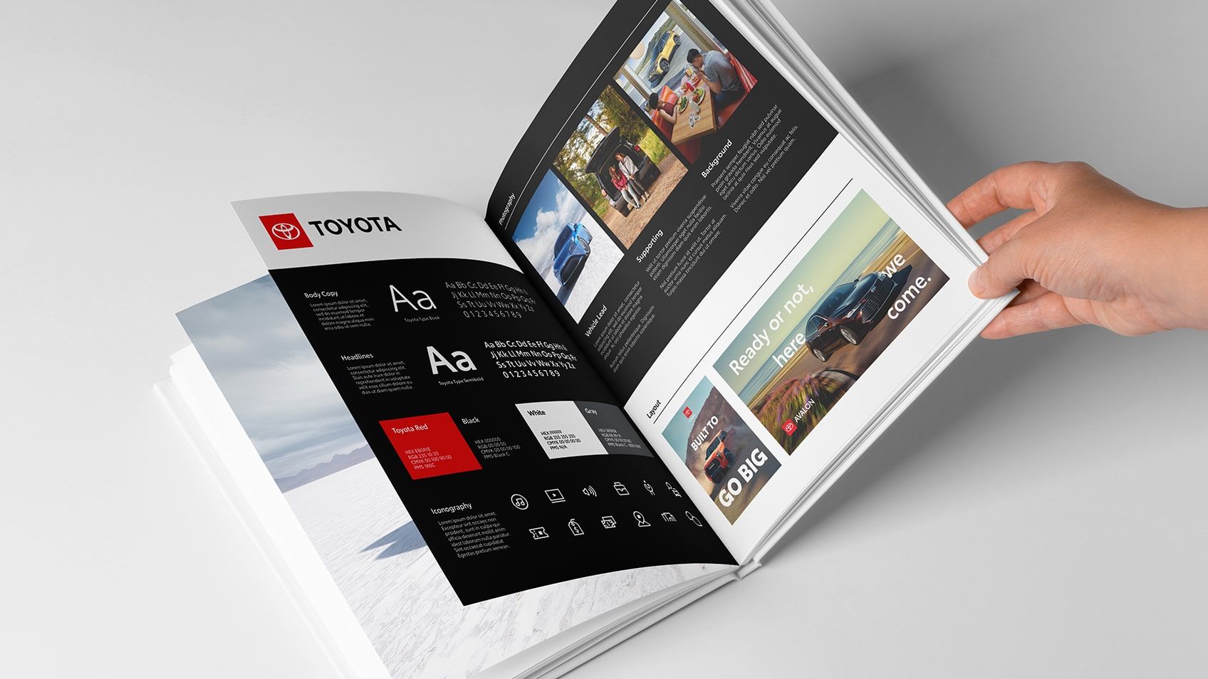 Toyota brand guideline booklet and brand imagery.