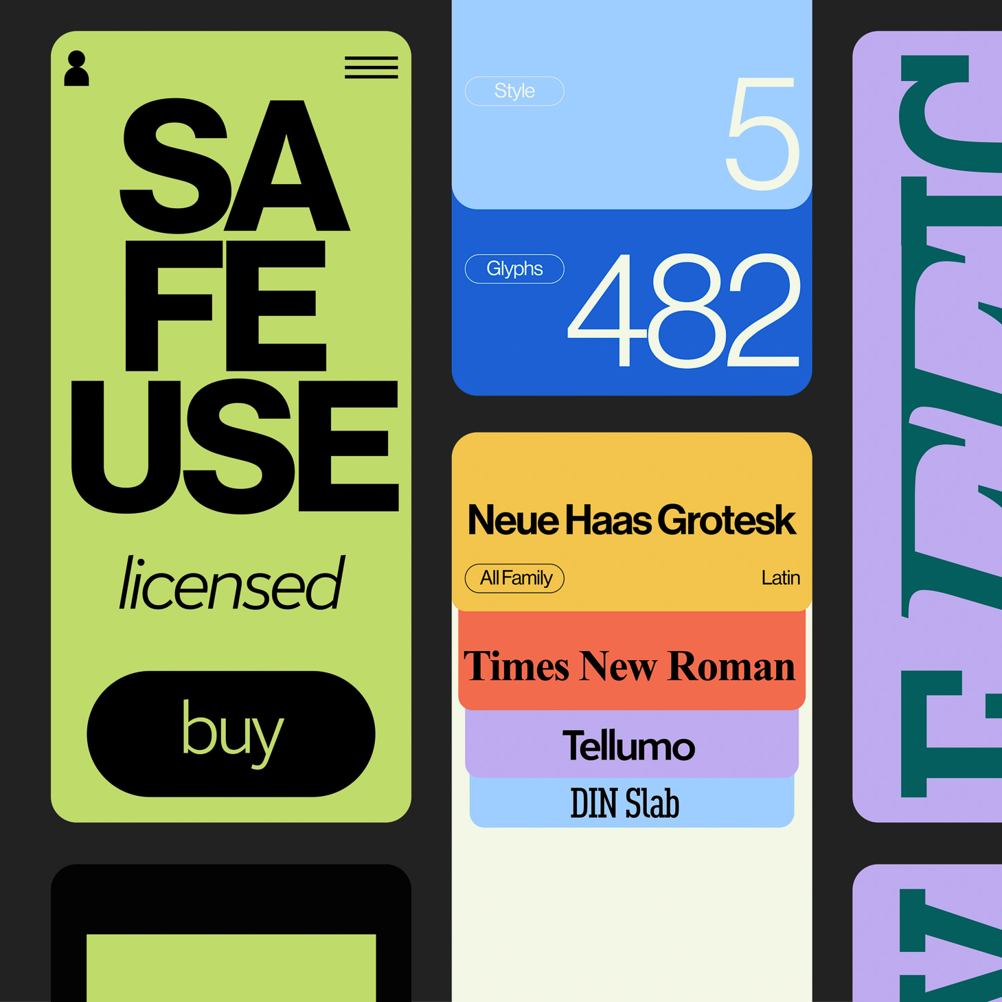 Collage of colorful app screens showing typography in use, including a "Safe use, licensed" purchase screen and a list of font families