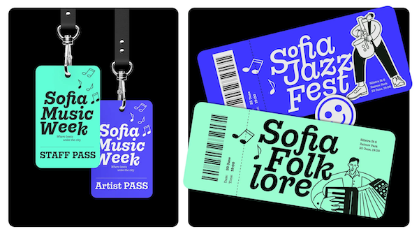 The Gonzaga typeface from Fontfabric on music passes and tickets for "Sofia Music Week," "Sofia Jazz Fest," and "Sofia Folklore," in black text on light green and white text on purple with playful music themed cartoon imagery, including notes, a person playing the saxophone, and someone playing the accordion. 