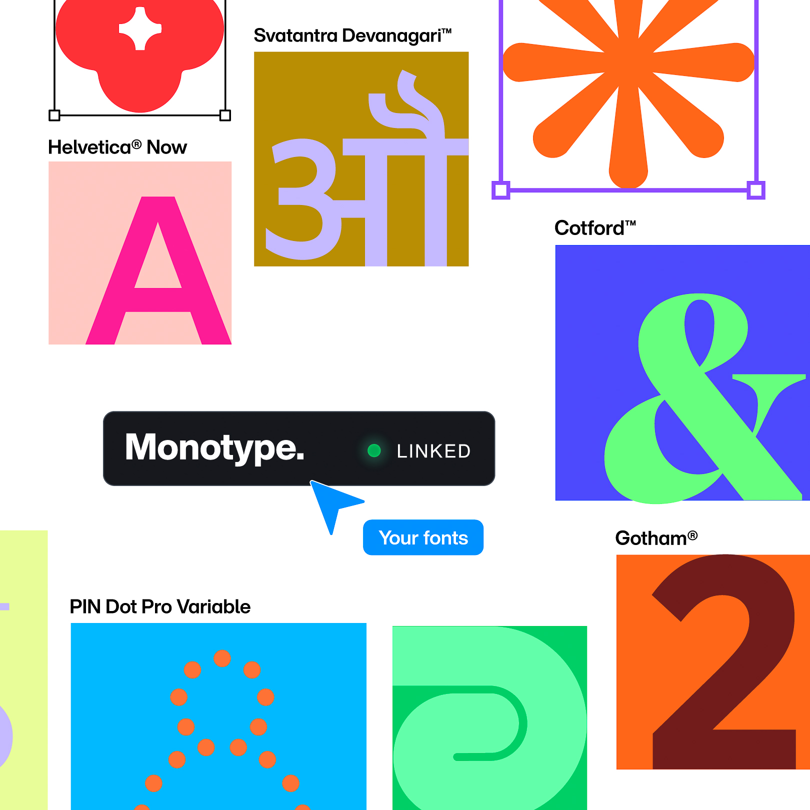 “Figma x Monotype. Your fonts, accessible in Figma.” beside a collage of Monotype typefaces.