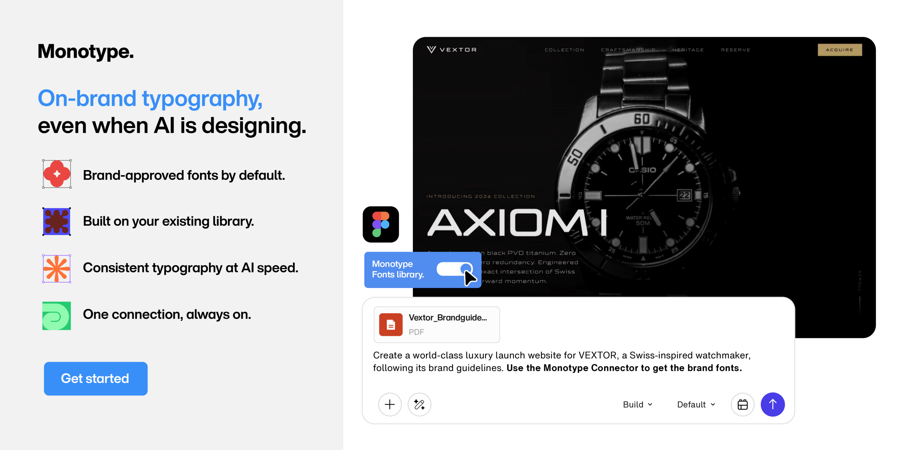 Monotype fonts library connected to Figma Make, generating an on-brand website design