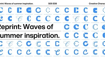 Cover of "Creative Characters" podcast episode 8, abstract design elements in a vibrant, layered composition.