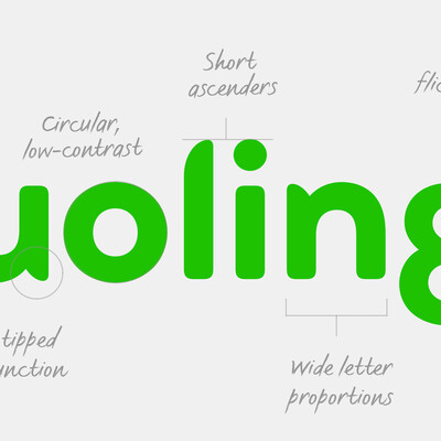 Uma fonte personalizada distinta (com asas) para o Duolingo.