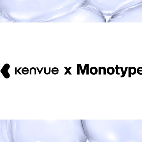 Kenvue x Monotype logo centered on a white card over a soft abstract background.
