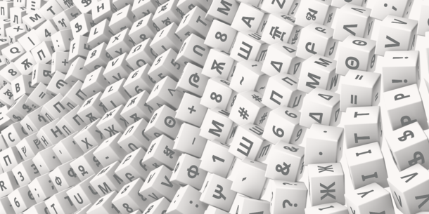 A rolling cascade of cubes, with various glyphs from different languages, as well as punctuation, on each side