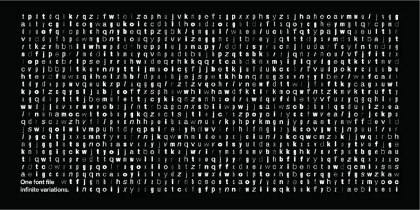 Helvetica Now with glyph variation Helvetica Now with glyph variation, a black background with white letters of varying widths and weights