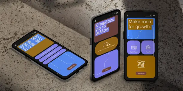 Image of three phones with graphics and text in different languages. Image of three phones with graphics and text in different languages.