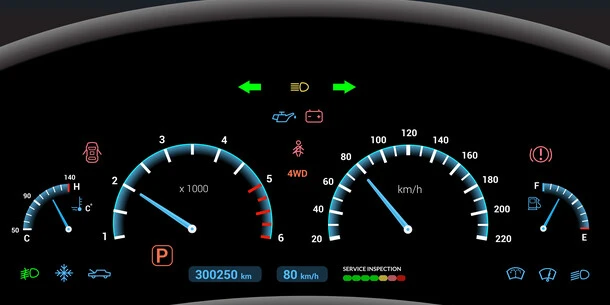 Car dashboard. Credit: Macrovector/iStock Car dashboard lit up.