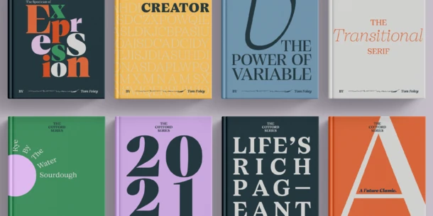 Two rows of four books showcasing various typefaces in vibrant colors. Two rows of four books showcasing various typefaces in vibrant colors.