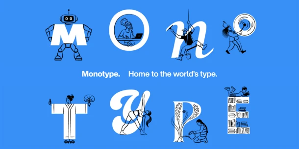 Monotype letters with playful cartoon images on each letter. Text: "Monotype. Home to the world's type." Blue background. Monotype letters with playful cartoon images on each letter. Text: "Monotype. Home to the world's type." Blue background.