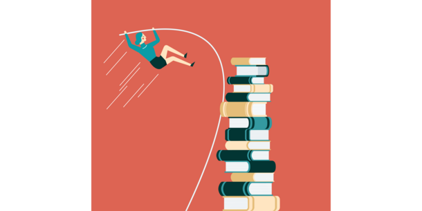 Person pole vaulting over a large stack of books. Credit: sorbetto/DigitalVision Vectors/Getty Images