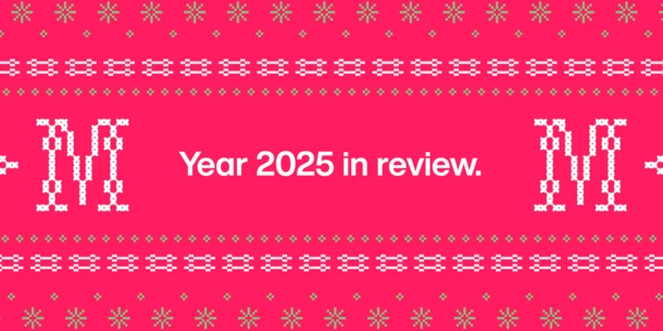 Resembling a red knit sweater with green and white accents and two knitted-style M's, text: "Year 2025 in review."