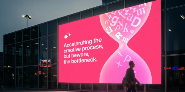 Accelerating the creative process, but beware the bottleneck. Image of an hourglass filled with letters, some getting stuck on the way down. It is pictured on a billboard in bright colors. Someone is walking past on the street.