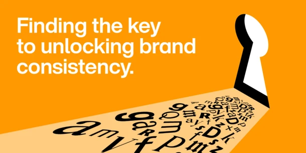 Orange background with white text at left. Key hole at right with a light orange "shadow" with a jumble of black letters spilling out. Text: "Finding the Key to Unlocking Brand Consistency."