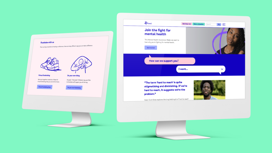 Mind Charity website pages on two desktop monitors.