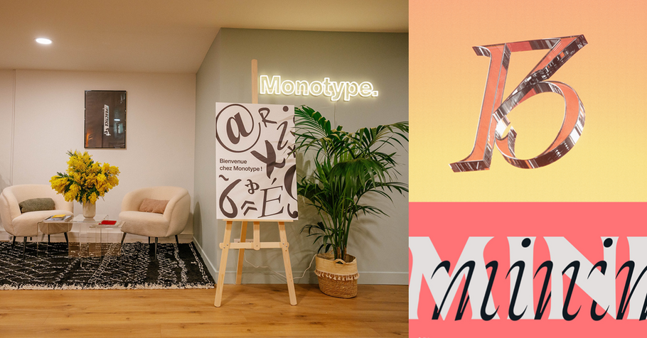 Image of Monotype office with Monotype sign and a comfortable office chair area. Blaze Type logo. An example of type.