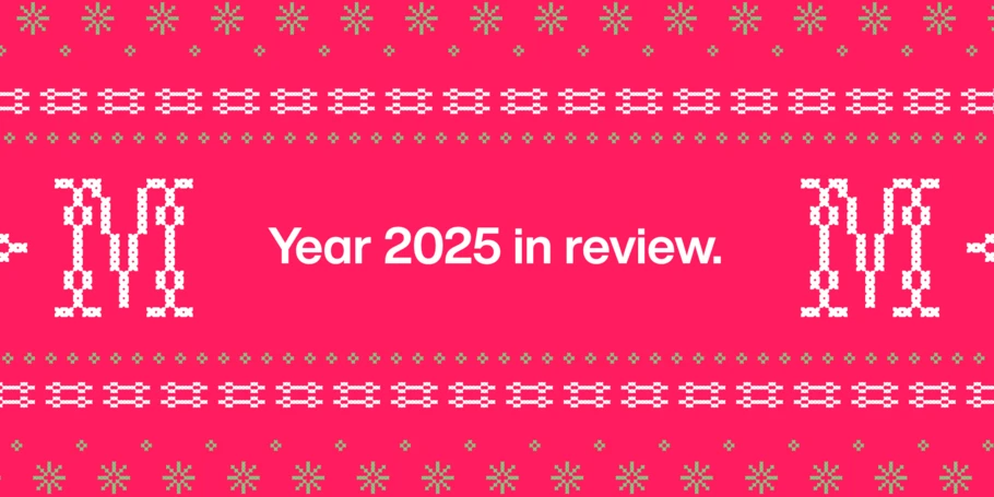 Resembling a red knit sweater with green and white accents and two knitted-style M's, text: "Year 2025 in review."
