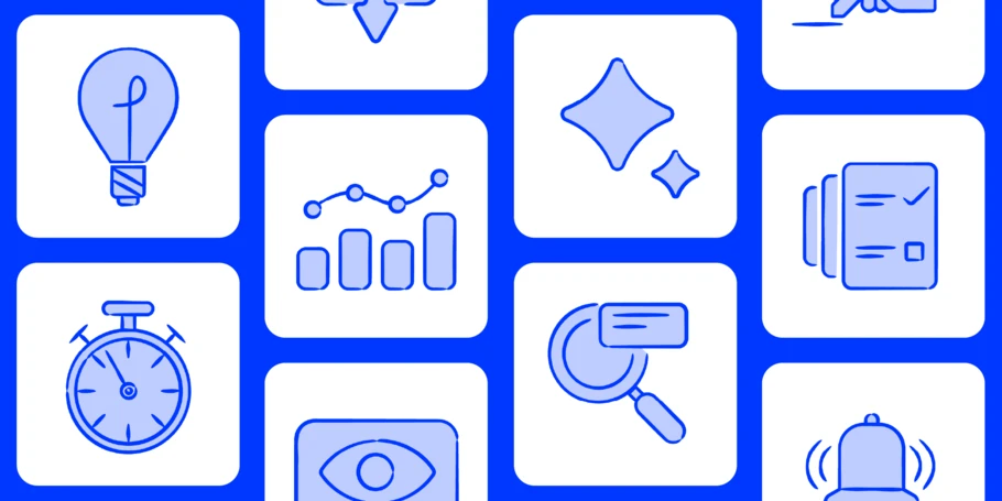 White squares with rounded corners on a blue background with blue icons in each rounded square. Icons include: light bulb, stop watch, chart, sparkle, eye, stack of documents, alarm, search.