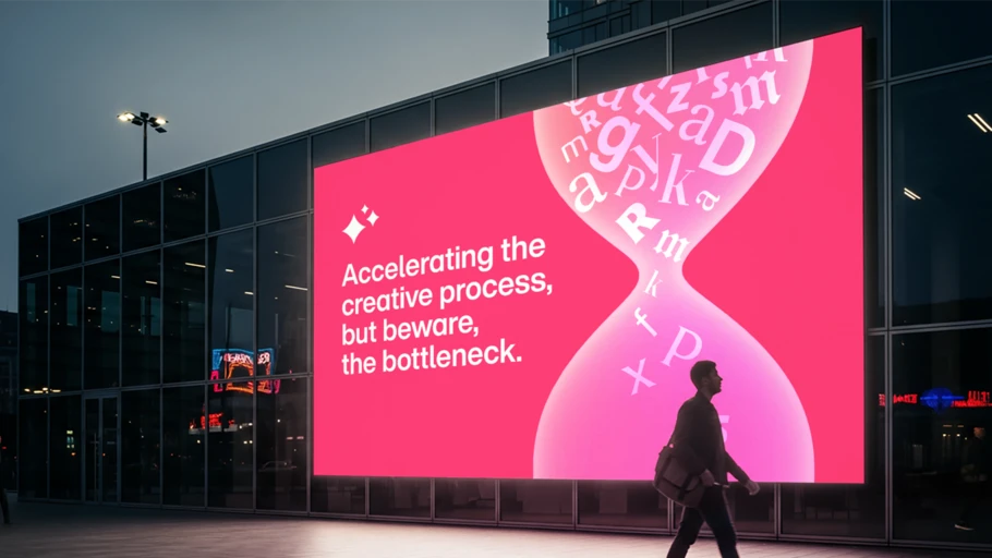 Accelerating the creative process, but beware the bottleneck. Image of an hourglass filled with letters, some getting stuck on the way down. It is pictured on a billboard in bright colors. Someone is walking past on the street.