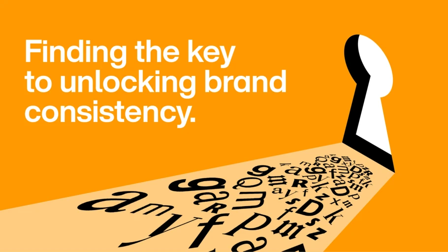 Orange background with white text at left. Key hole at right with a light orange "shadow" with a jumble of black letters spilling out. Text: "Finding the Key to Unlocking Brand Consistency."